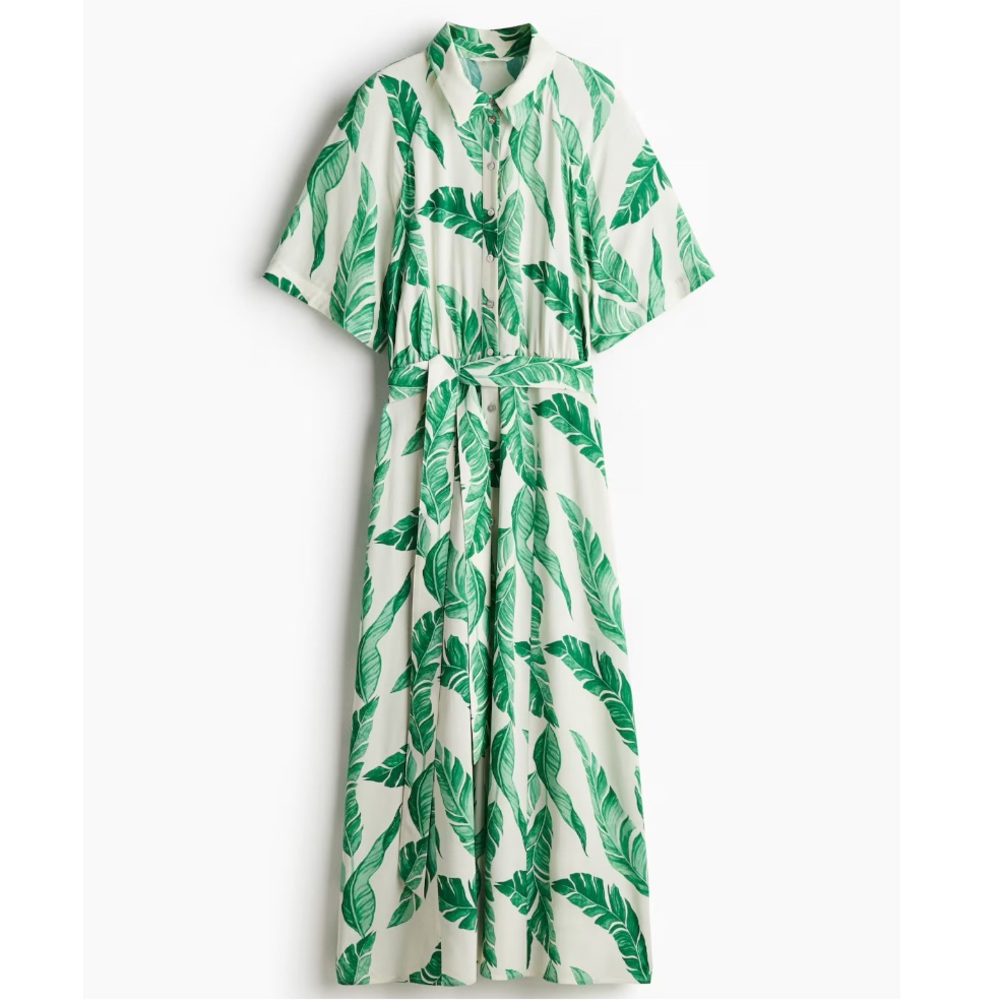 NWT H&M Tie-Belt Shirt Dress - Palm Print L
